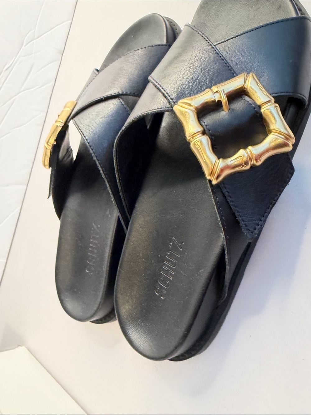 Schutz Ebola Black Leather Slide Sandals with Gold Bamboo Buckle size 8 - Picture 10 of 12
